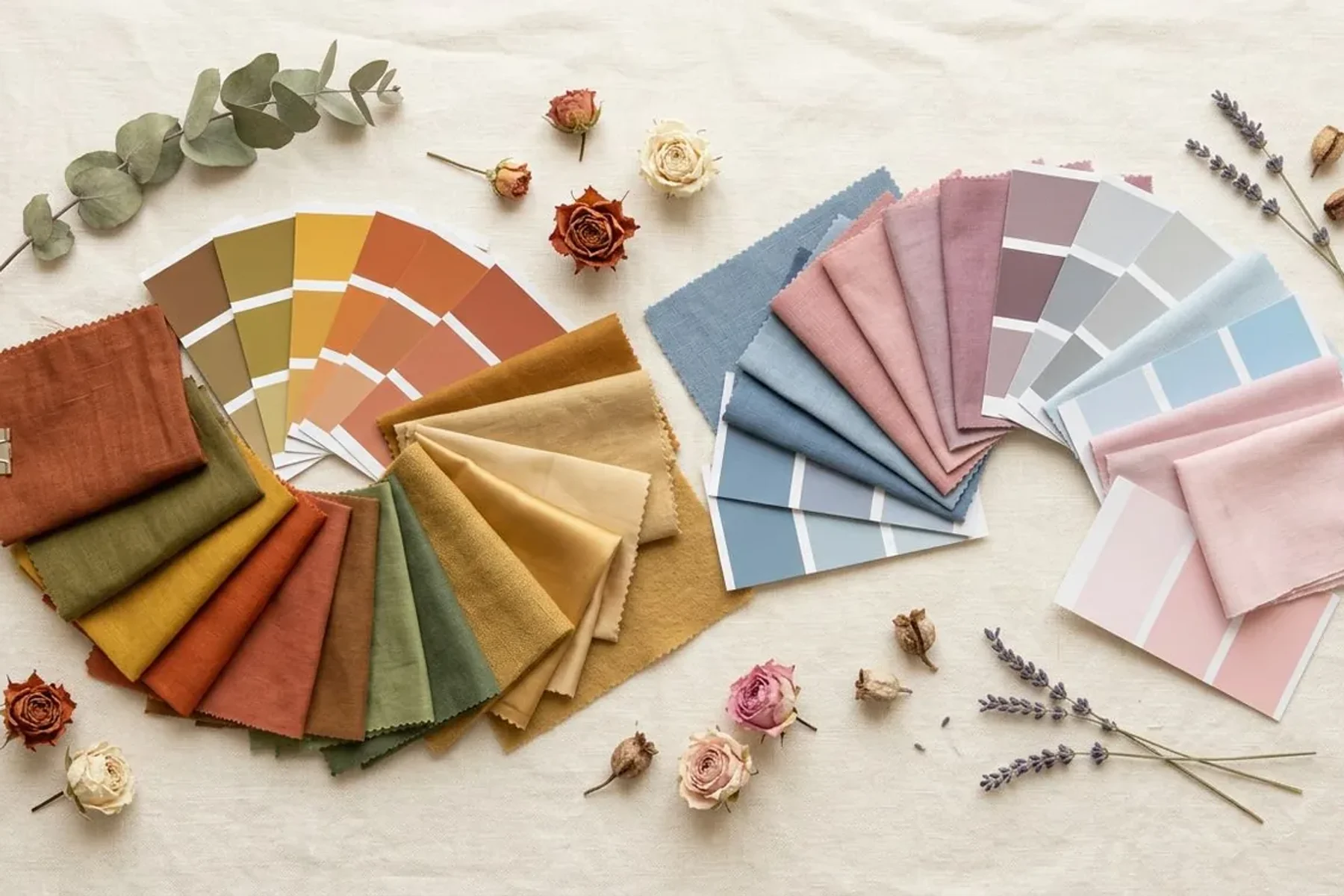 A personal palette of paint chips in three rows: base neutrals, main colors and accents