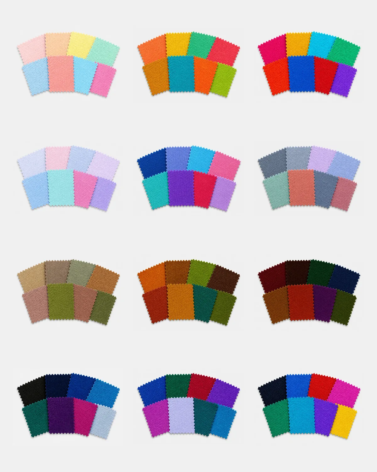 Twelve fabric drapes arranged as a seasonal color wheel