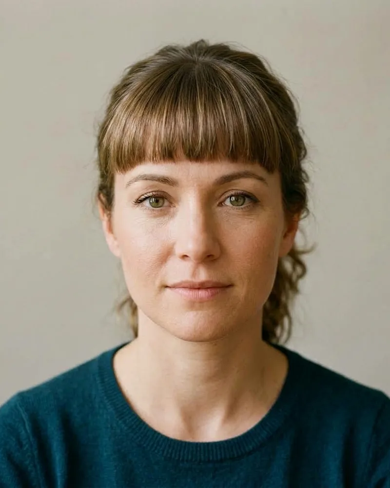 A · With curtain bangs — AI try-on of a fictional person