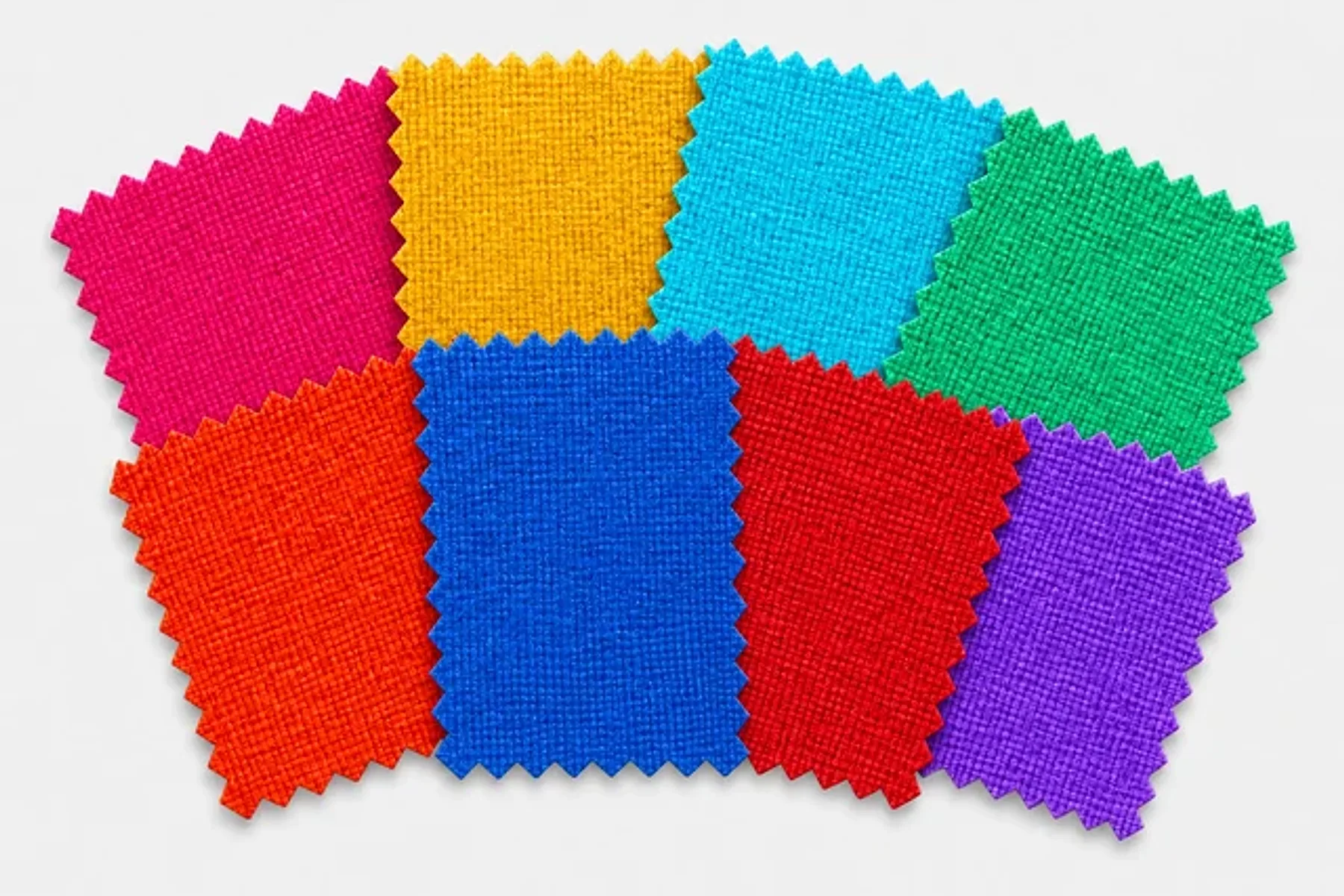 Bright Spring palette fabric flat lay: hot coral, poppy red, bright orange and bright ivory swatches
