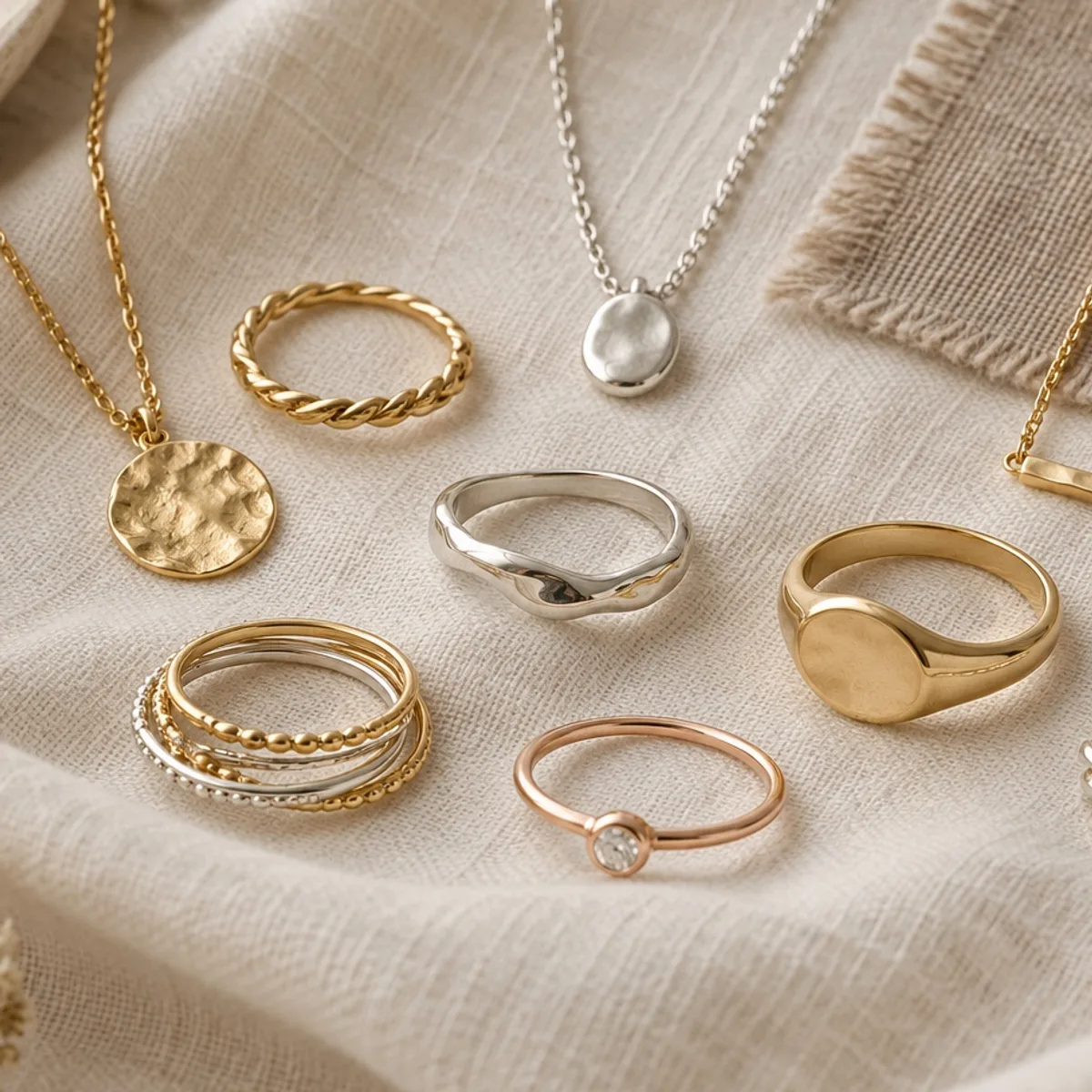 Bright Spring metals still life: Polished gold, bright silver-gold mixes.