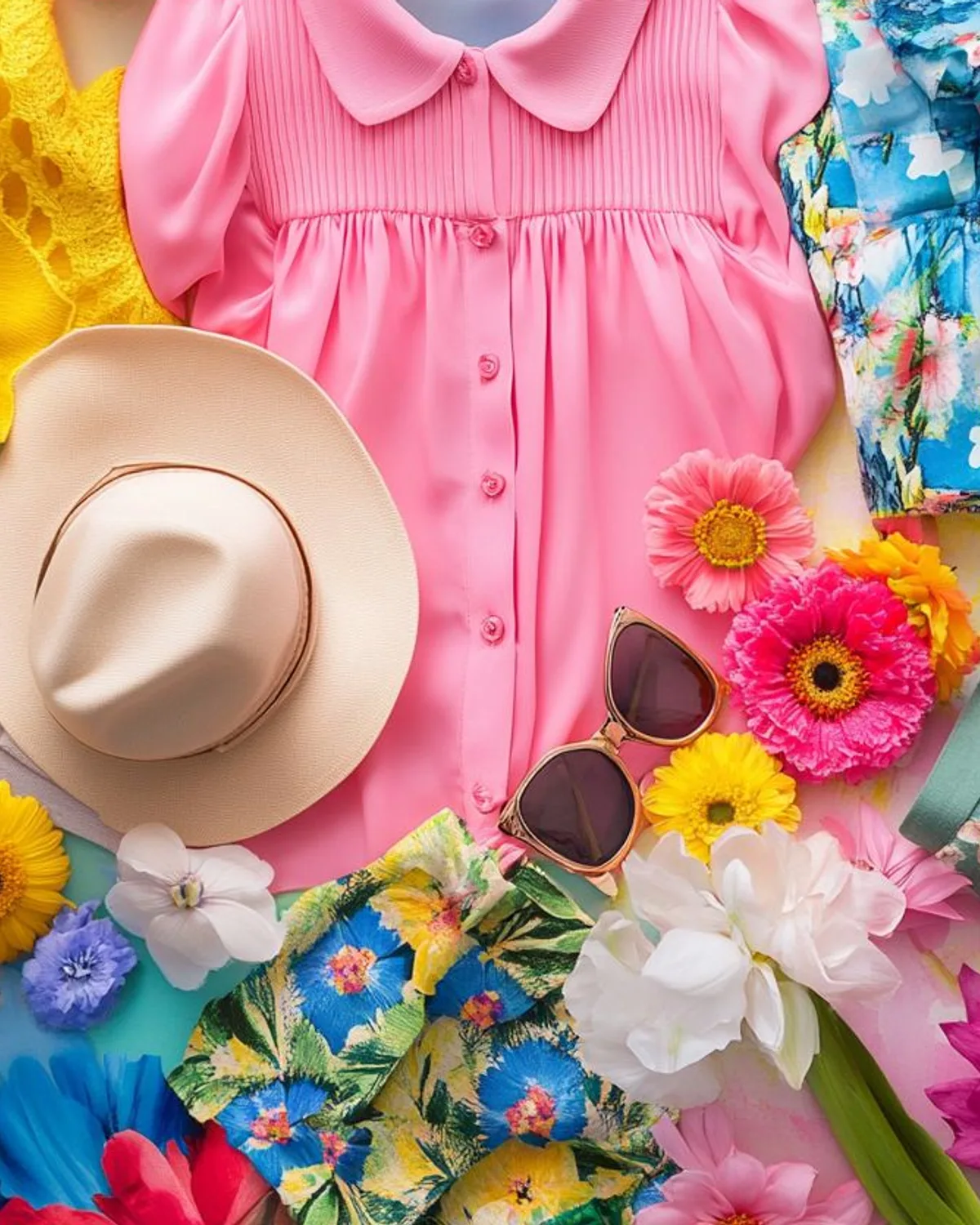Bright Spring weekend outfit flat lay: cobalt knit, white jeans and coral sneakers.