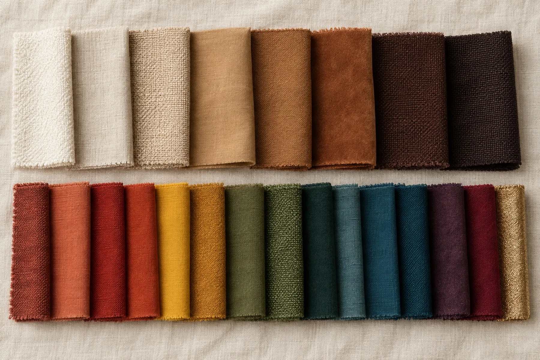 Deep Autumn palette fabric flat lay: warm burgundy, oxblood, rust and warm ivory swatches