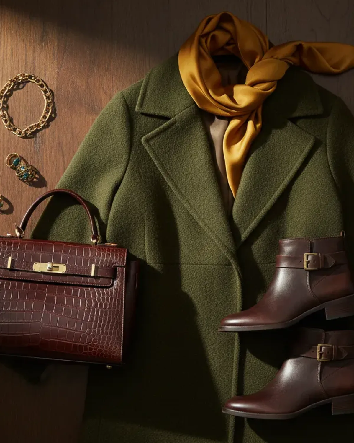 Deep Autumn weekend outfit flat lay: forest-green sweater, dark denim and oxblood loafers.