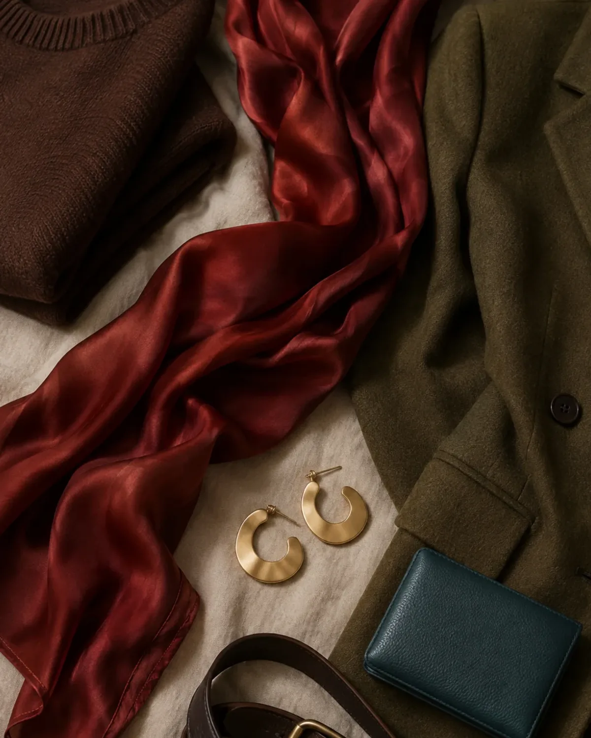 Deep Autumn workwear outfit flat lay: espresso suit, warm ivory blouse, deep teal scarf and antique gold.
