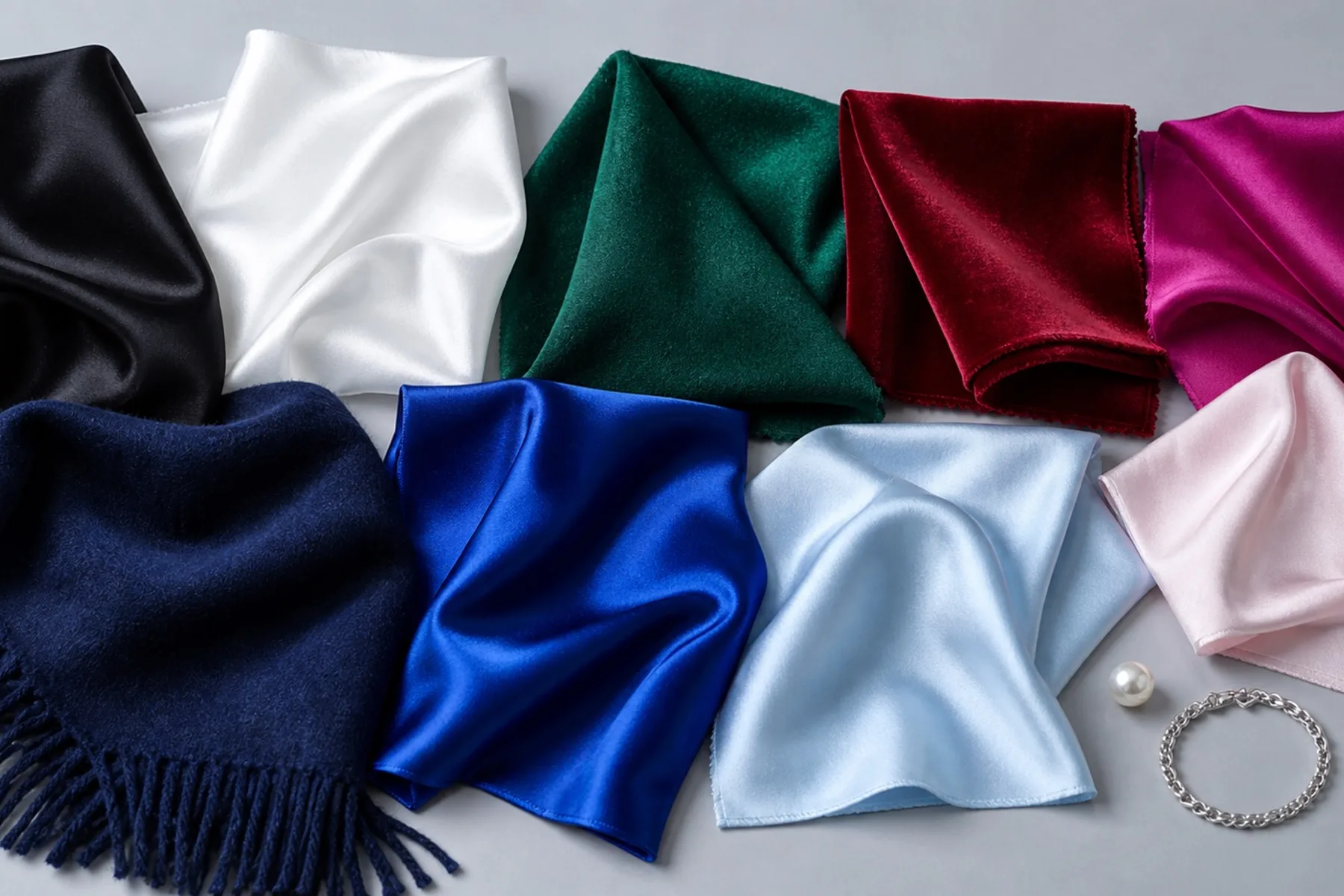 Deep Winter palette fabric flat lay: true red, burgundy, emerald and pure white swatches