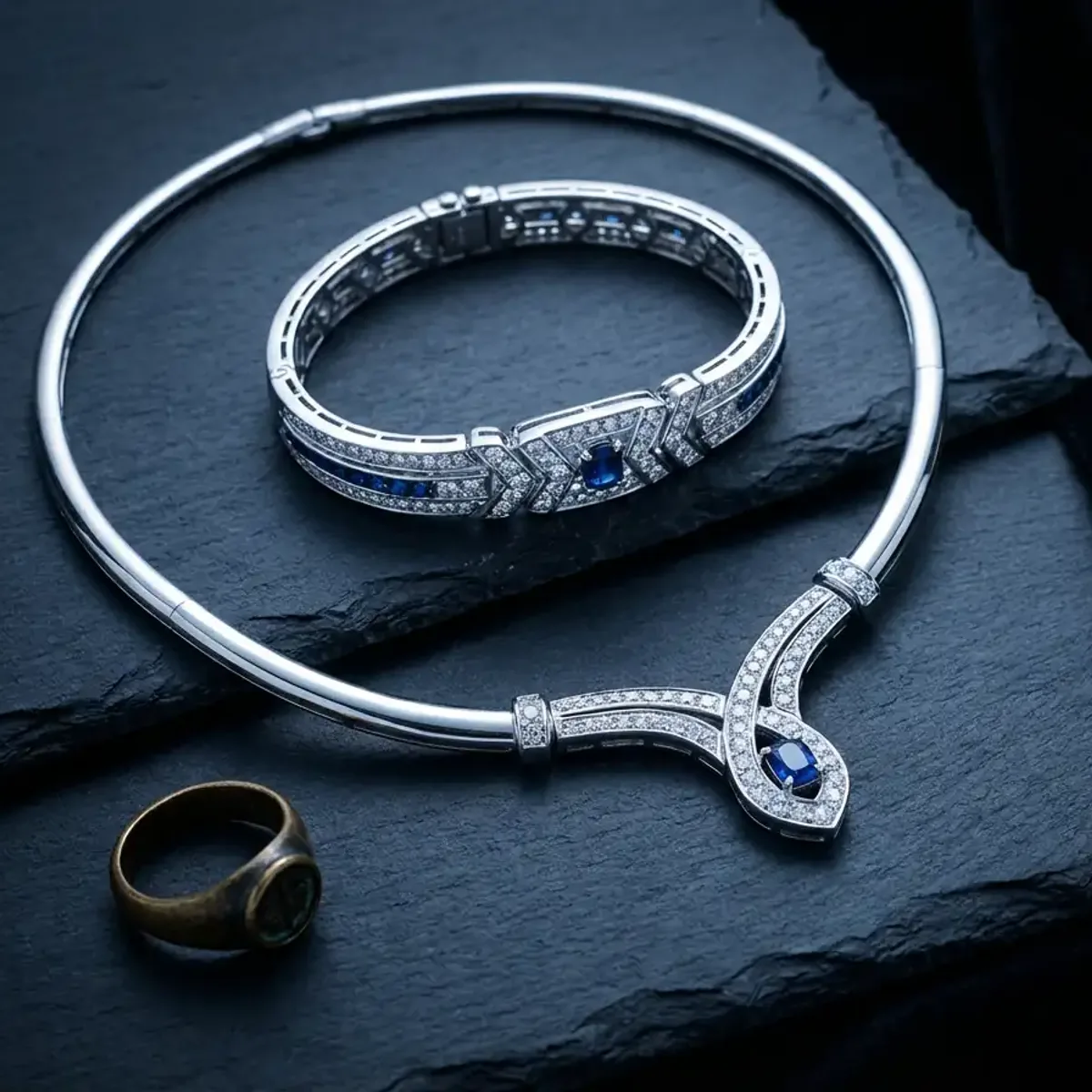 Deep Winter metals still life: Silver, white gold, gunmetal.