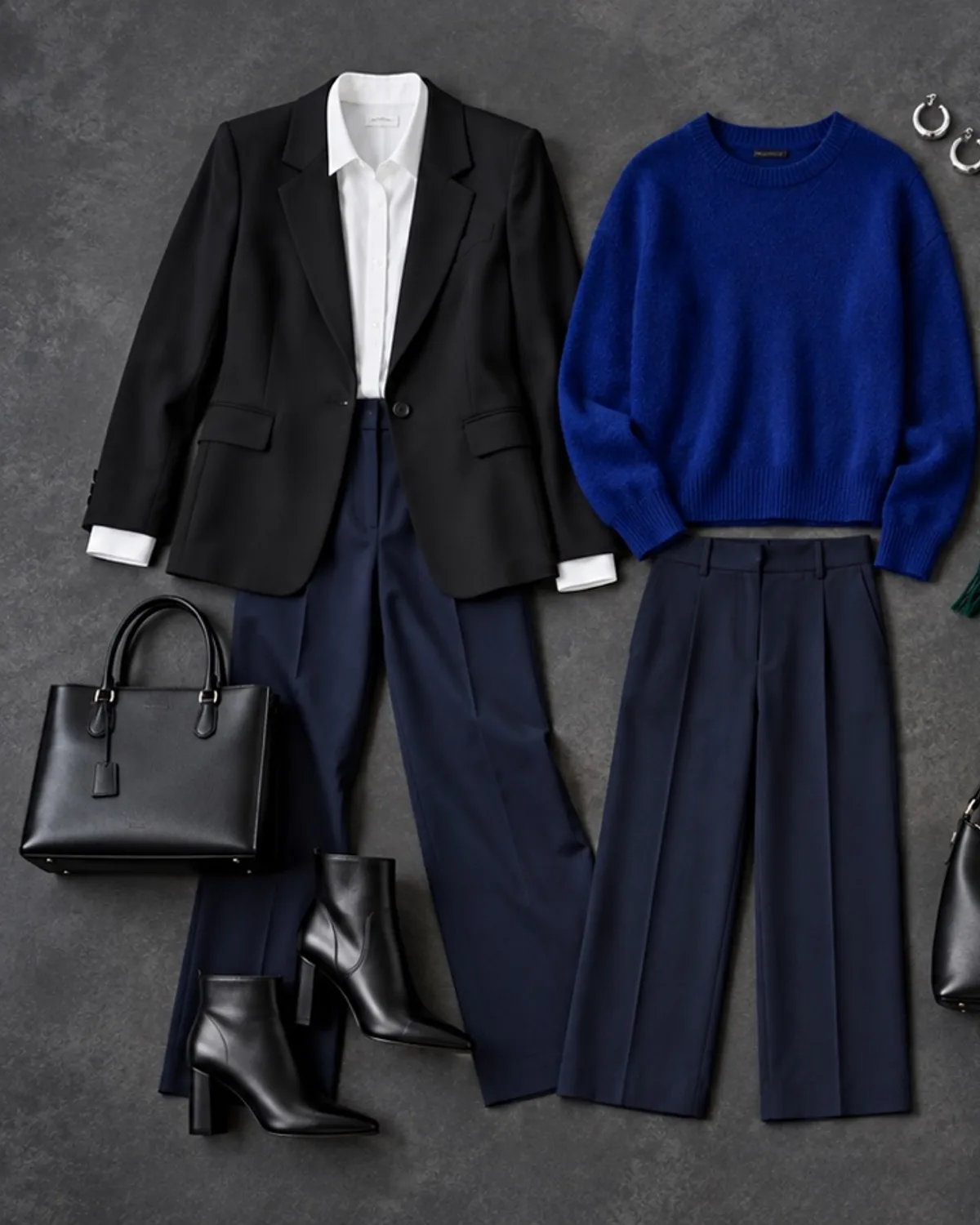 Deep Winter workwear outfit flat lay: charcoal suit, pure white shirt, sapphire tie or scarf, silver watch.