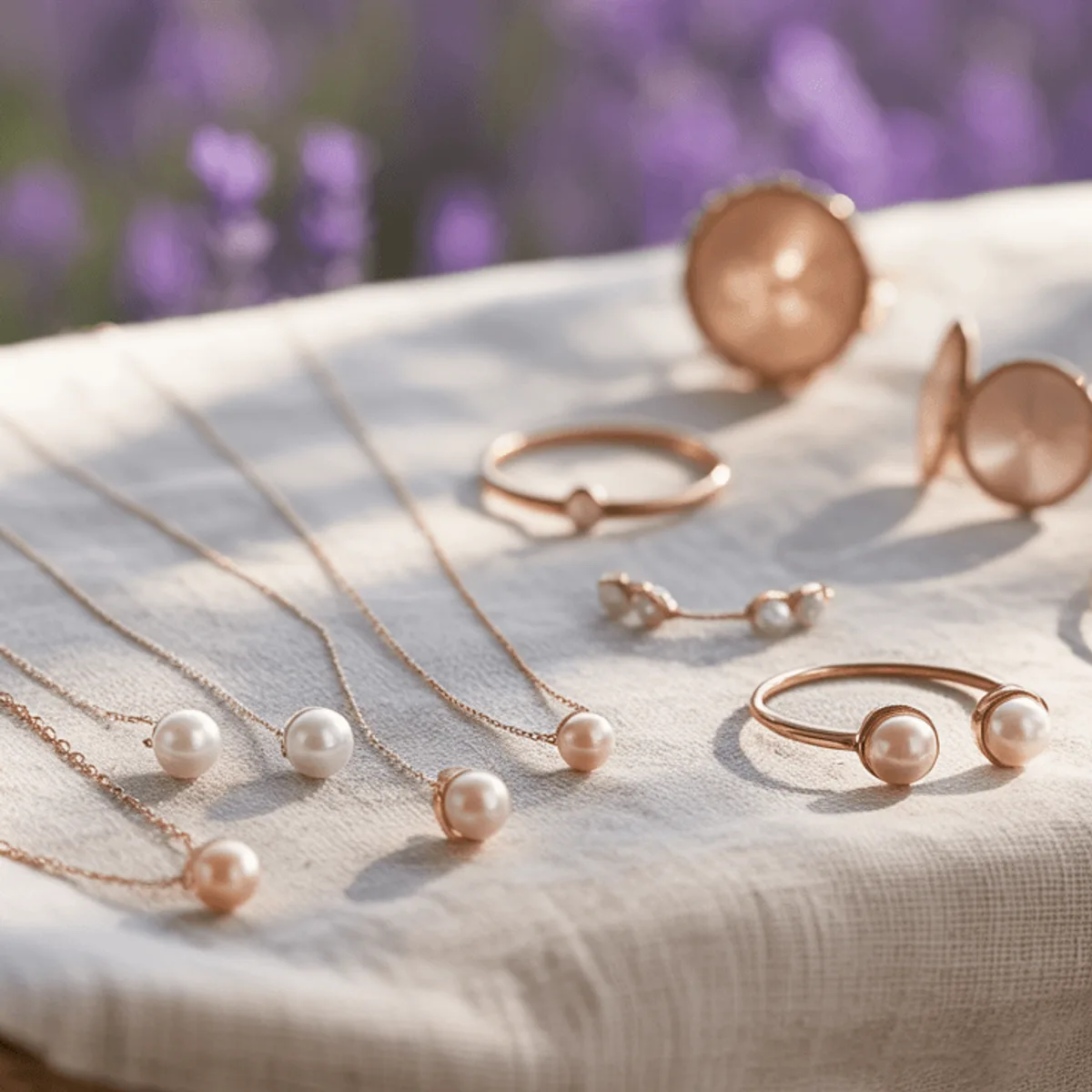 Light Spring metals still life: Light, polished gold and rose gold; delicate pieces over chunky ones.