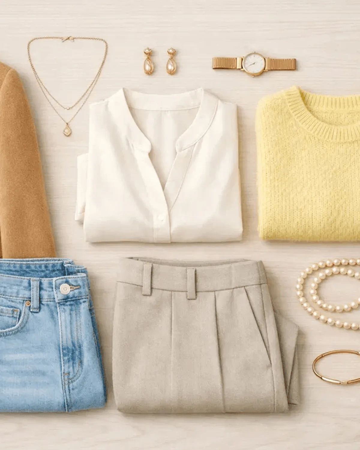 Light Spring weekend outfit flat lay: peach tee, light-wash denim, buttercream cardigan and tan sneakers.