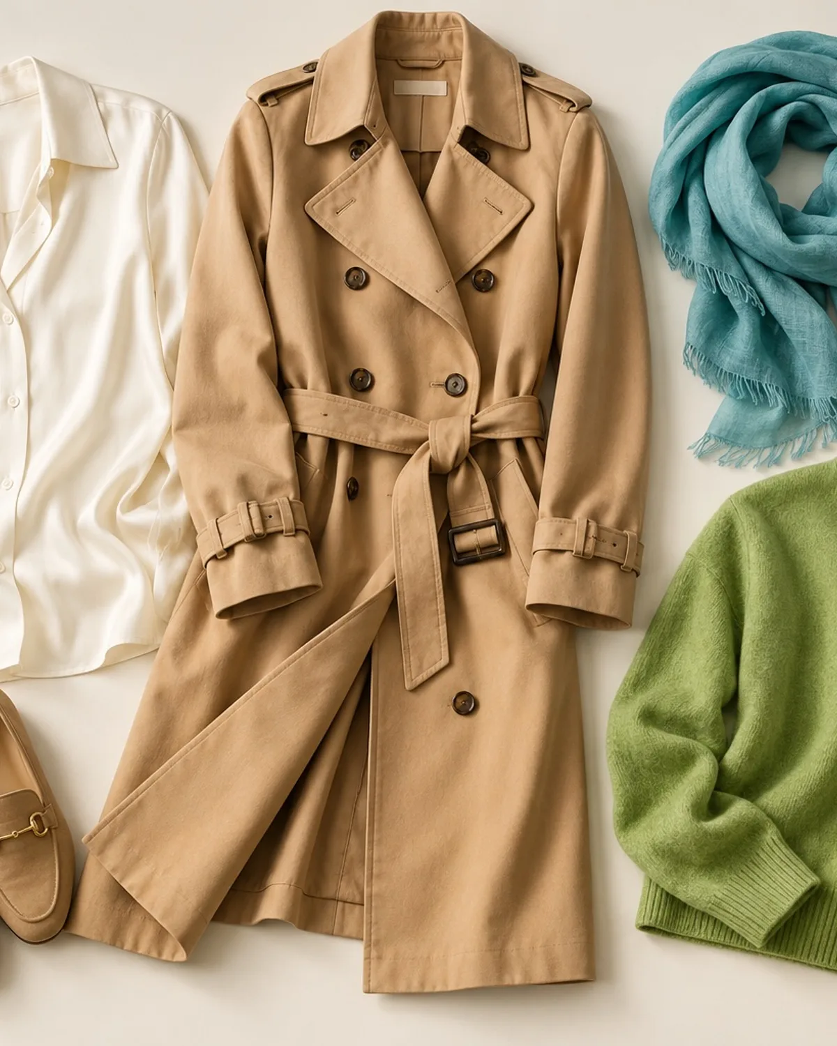 Light Spring workwear outfit flat lay: ivory shirt, light camel trousers, periwinkle knit layered on top, small gold studs.