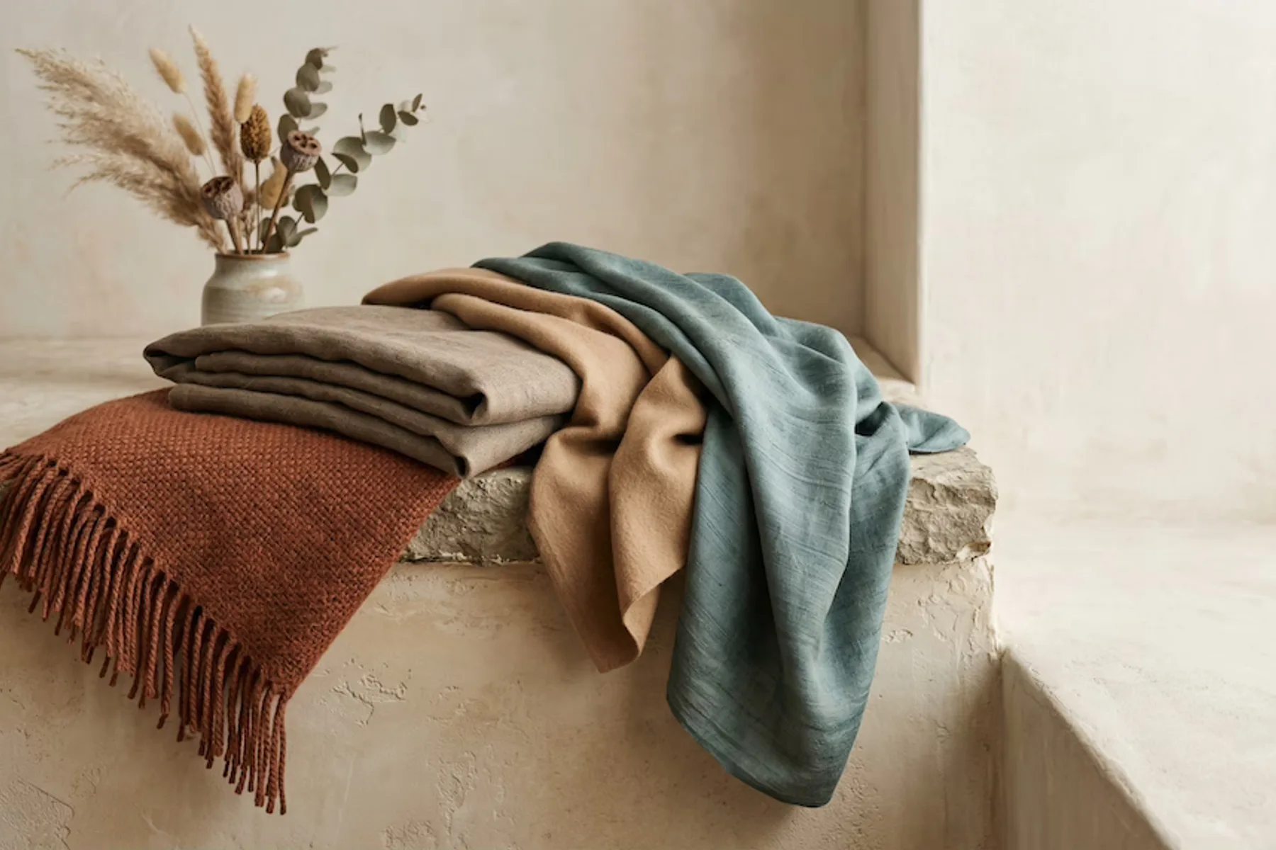 Soft Autumn palette fabric flat lay: warm sage, apricot, terracotta and oatmeal swatches