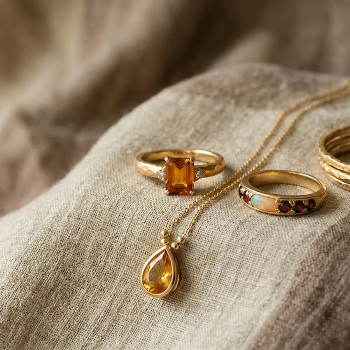 Soft Autumn metals still life: Matte gold, brushed brass and soft bronze.