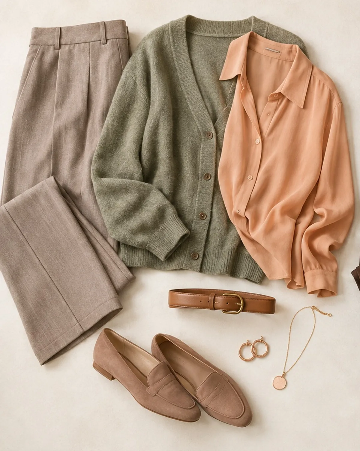 Soft Autumn weekend outfit flat lay: apricot top, moss skirt or trousers, brown shoes and bag.