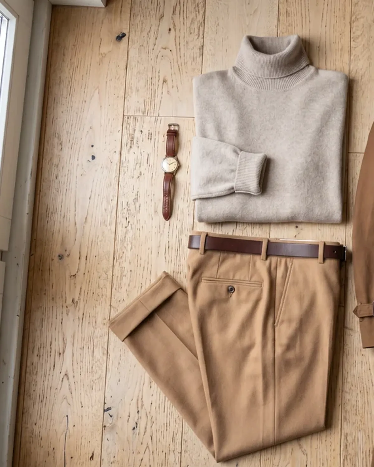Soft Autumn workwear outfit flat lay: oatmeal shirt, warm taupe trousers, olive blazer and matte gold.