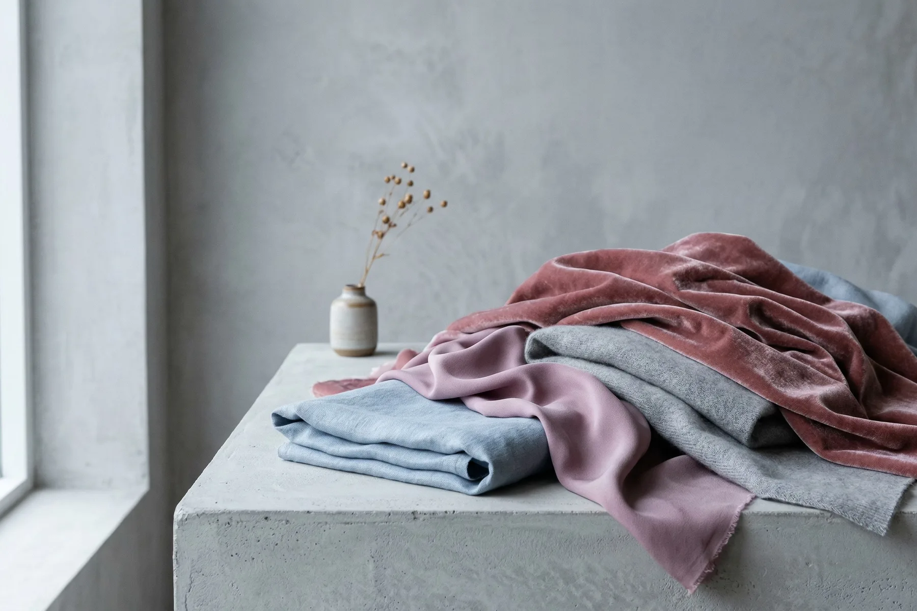 Soft Summer palette fabric flat lay: mist blue, greyed rose, soft plum and soft grey-white swatches