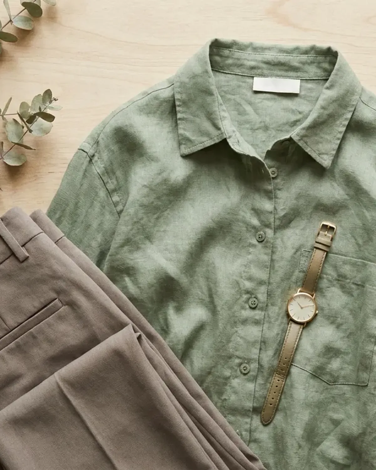 Soft Summer weekend outfit flat lay: greyed-rose knit, soft plum skirt or trousers, taupe shoes and bag.
