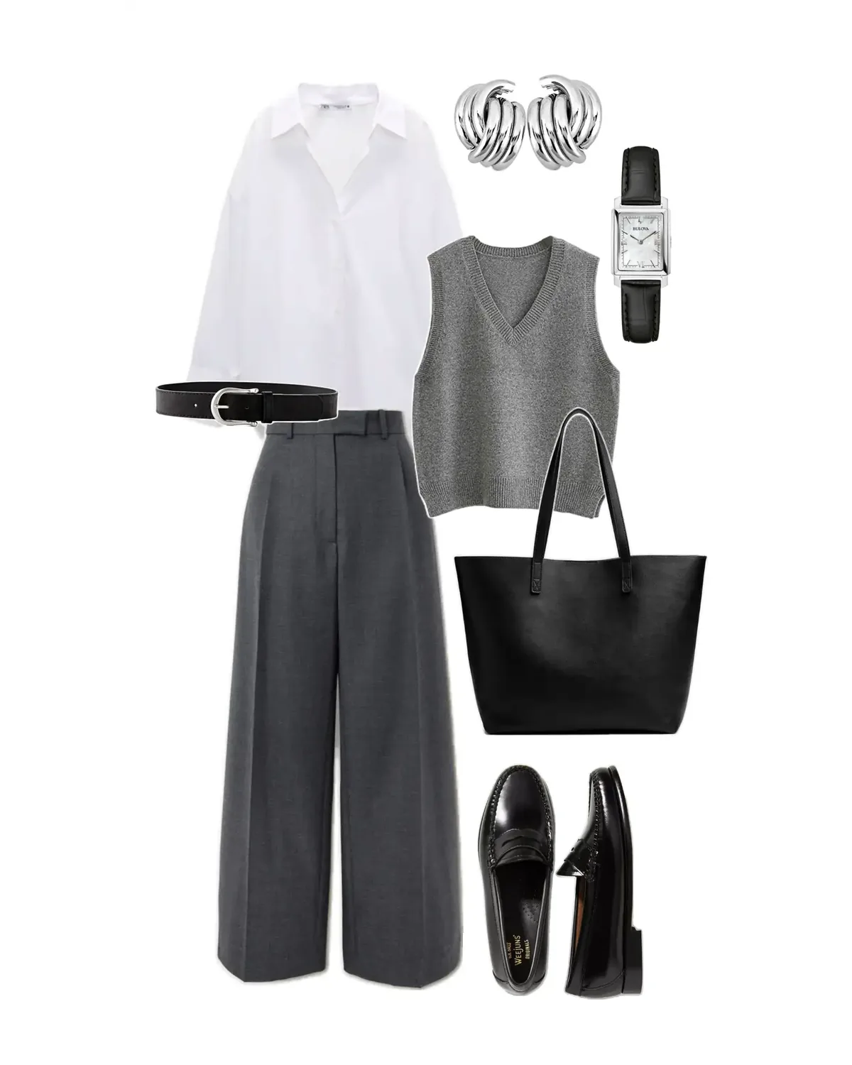 Soft Summer workwear outfit flat lay: mist-blue shirt, blue-grey straight trousers, soft grey blazer, small silver earrings.