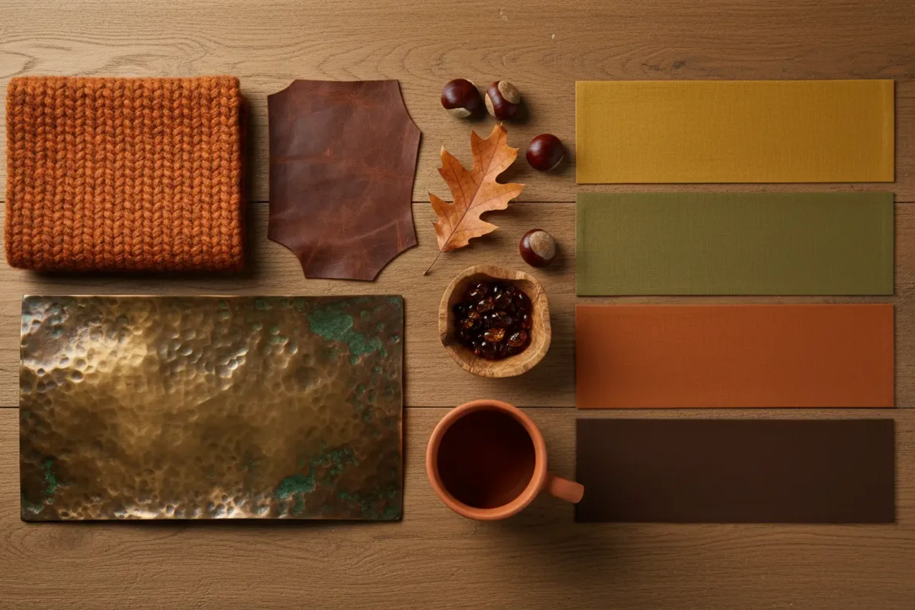 True Autumn palette fabric flat lay: rust, burnt orange, mustard and warm cream swatches