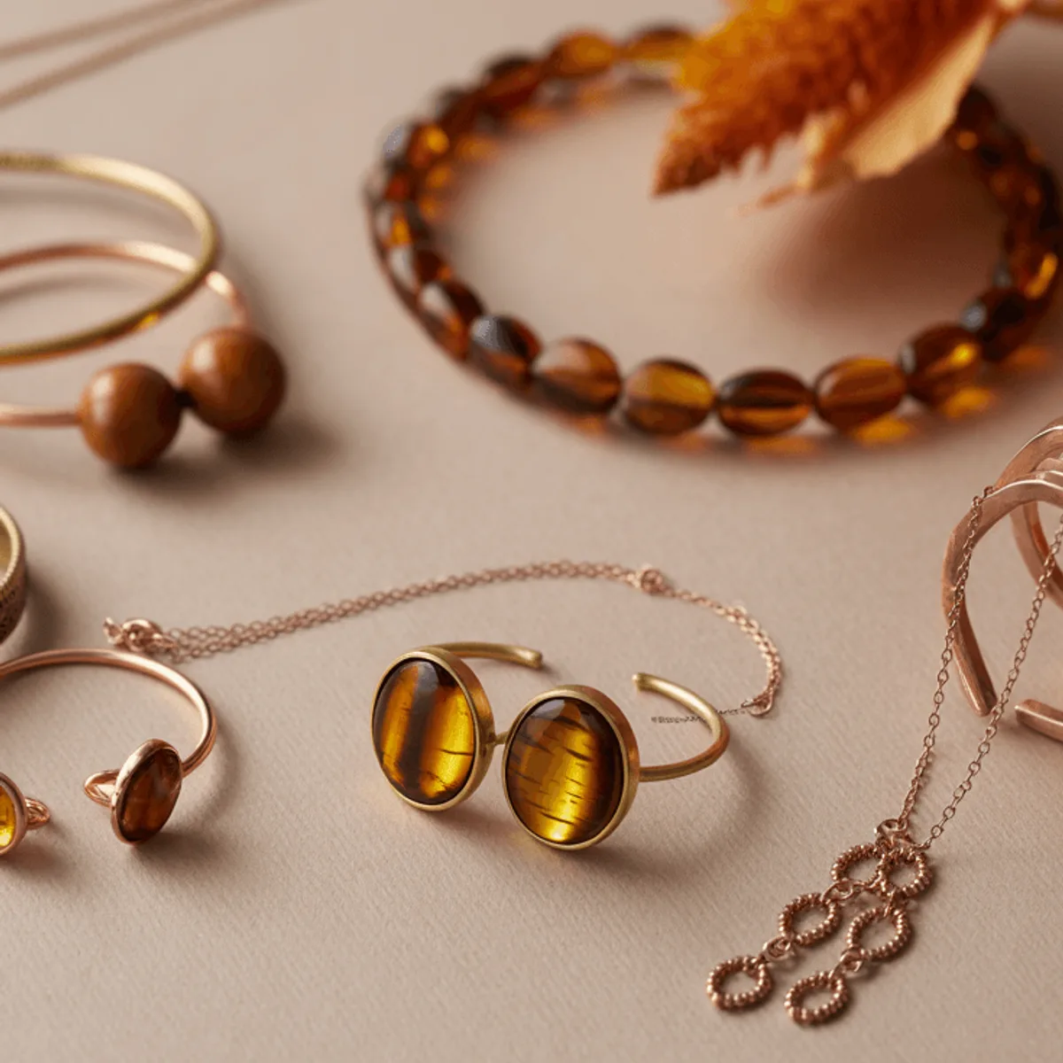 True Autumn metals still life: Yellow gold, copper, antique brass.