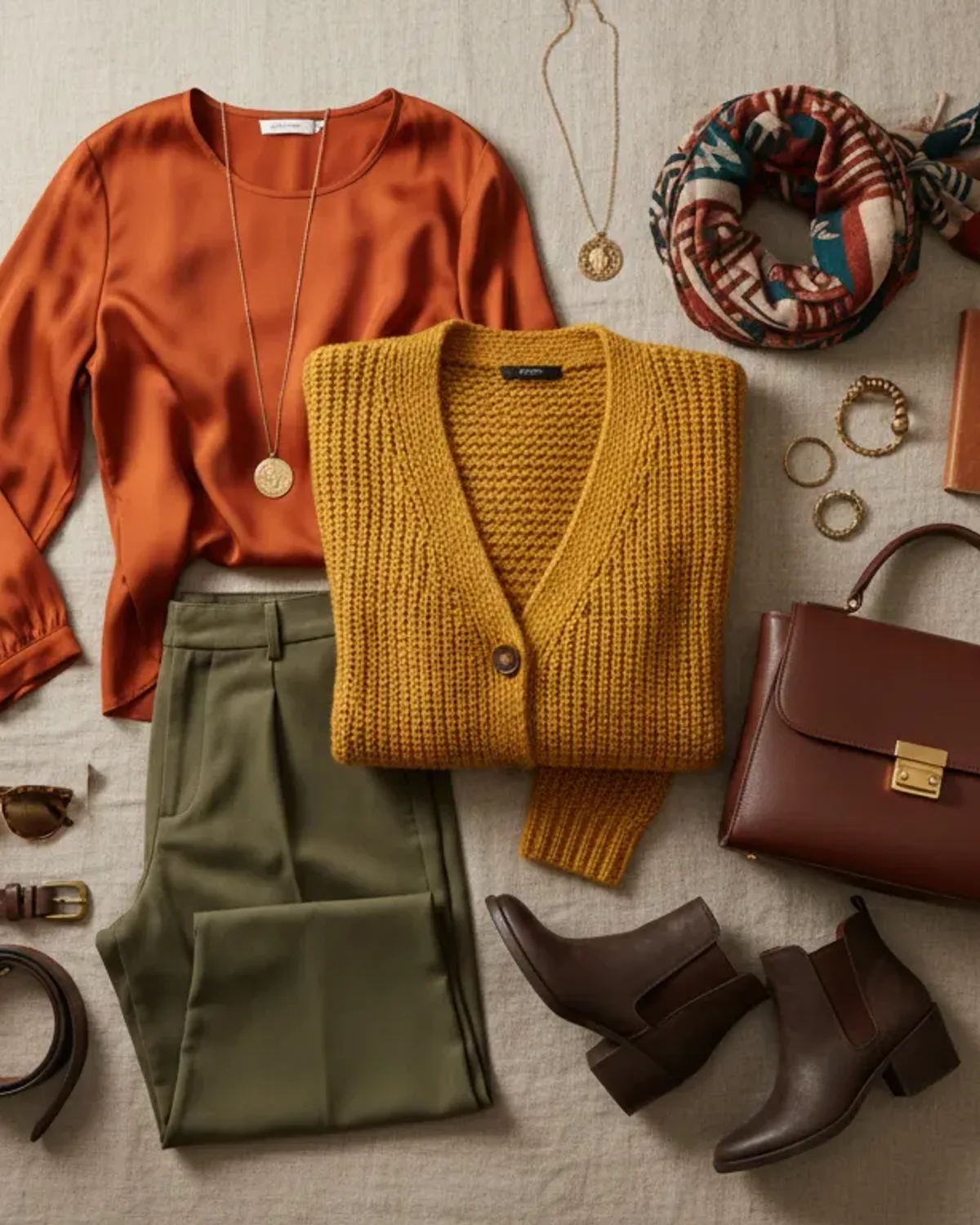 True Autumn weekend outfit flat lay: rust corduroy shirt, olive chinos and brown boots.
