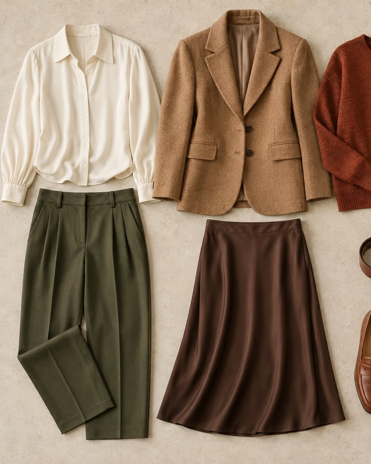 True Autumn workwear outfit flat lay: camel coat, cream knit, chocolate trousers, gold pendant.