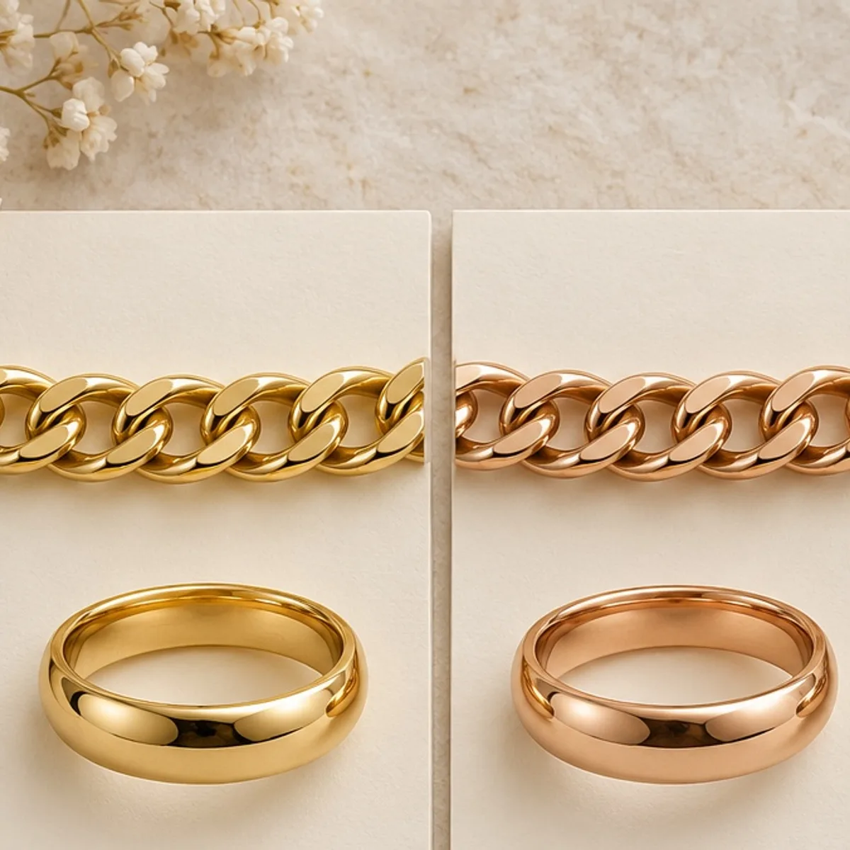 True Spring metals still life: Yellow gold, brass and warm bronze.
