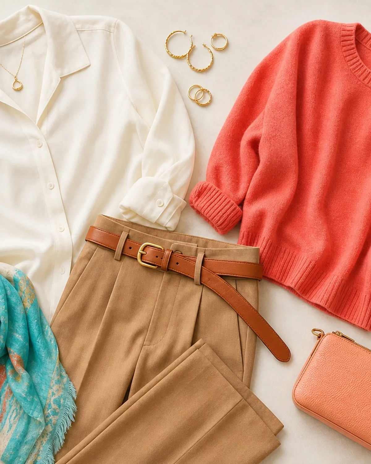 True Spring weekend outfit flat lay: turquoise knit, khaki chinos and tan leather sandals.