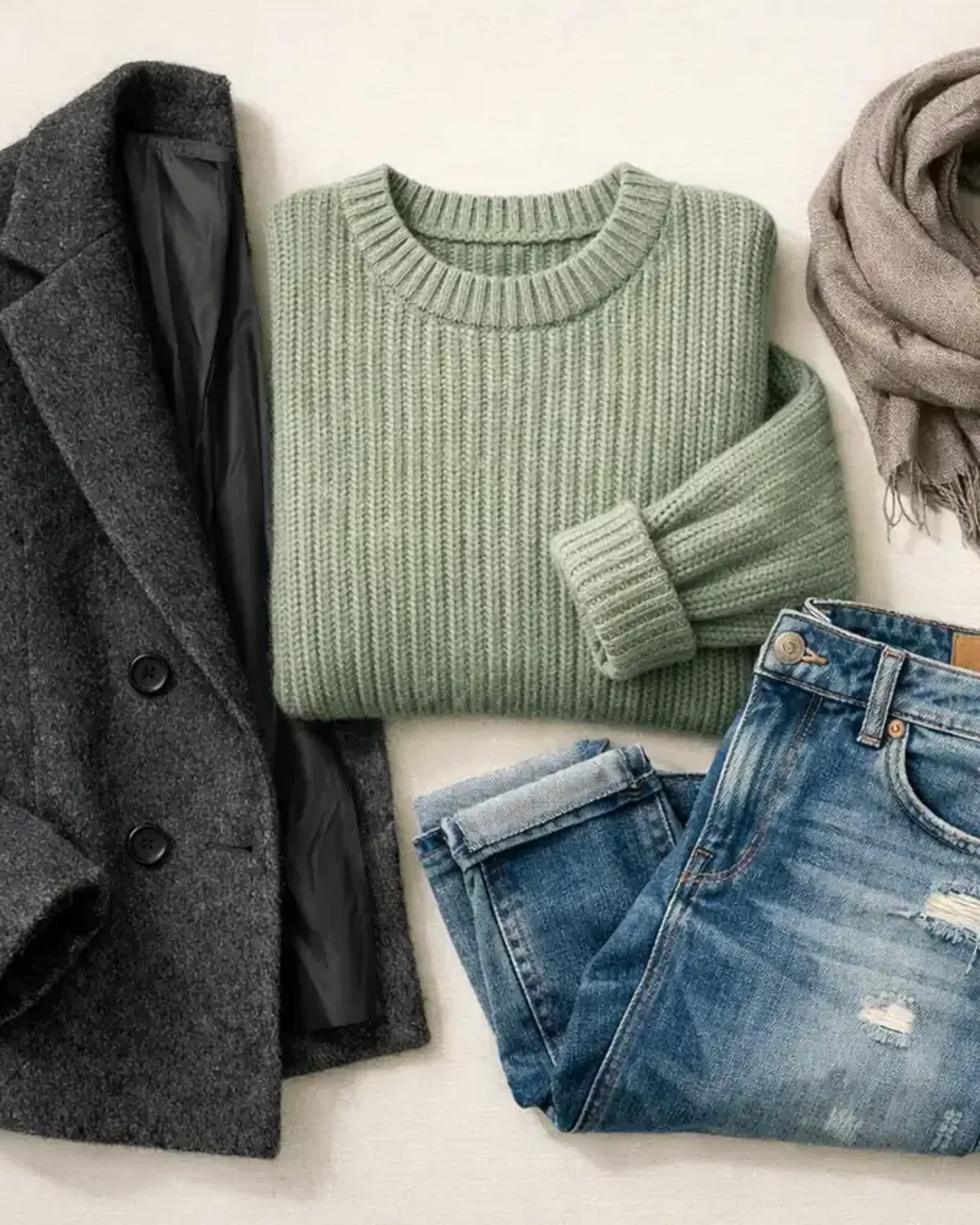 True Summer weekend outfit flat lay: cornflower knit, mid-wash denim and grey suede loafers.