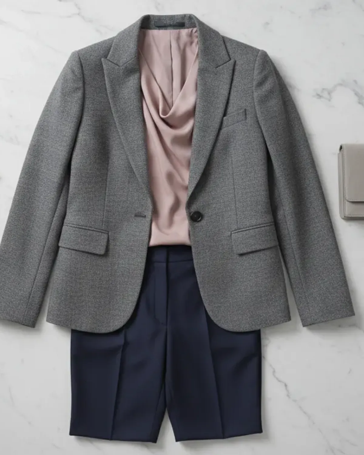 True Summer workwear outfit flat lay: blue-grey suit, soft white tee, raspberry scarf, silver watch.