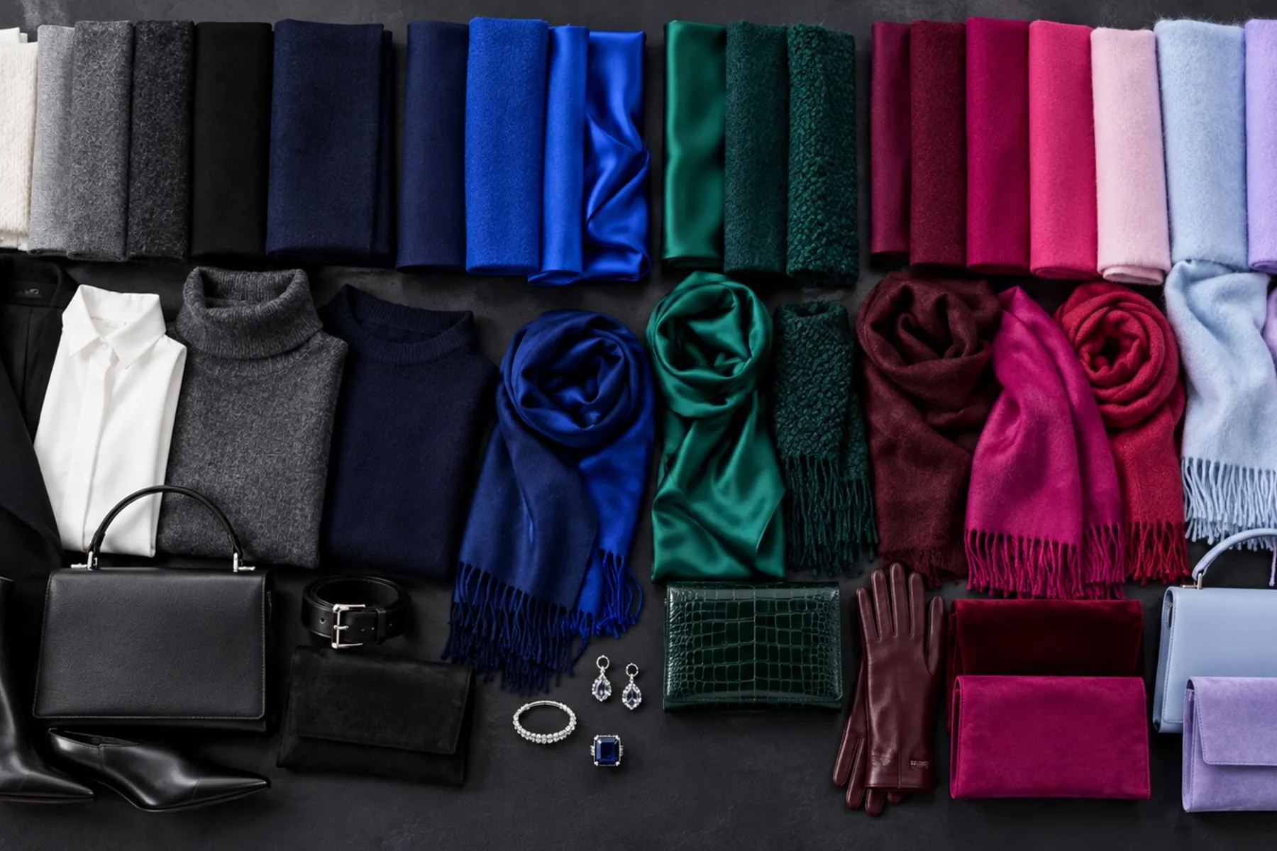 True Winter palette fabric flat lay: true red, magenta, fuchsia and pure white swatches