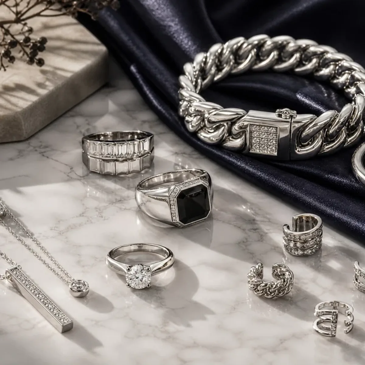 True Winter metals still life: Bright silver, platinum, white gold.