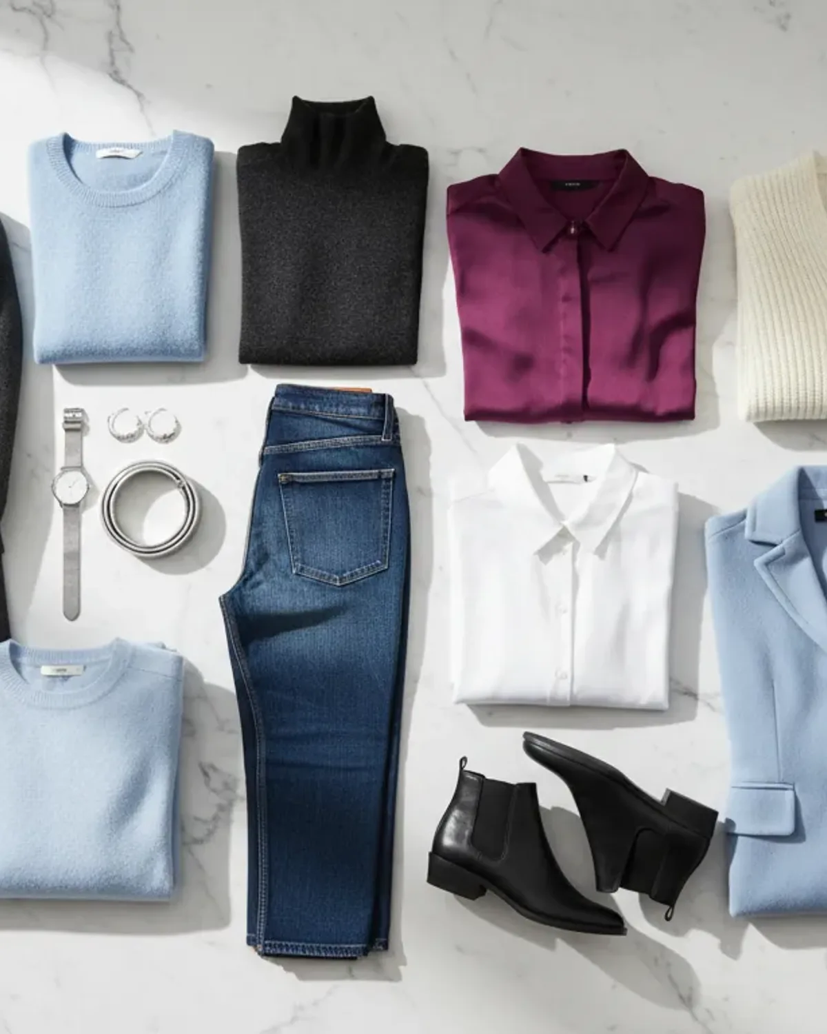 True Winter weekend outfit flat lay: royal-blue sweater, black trousers and white sneakers.