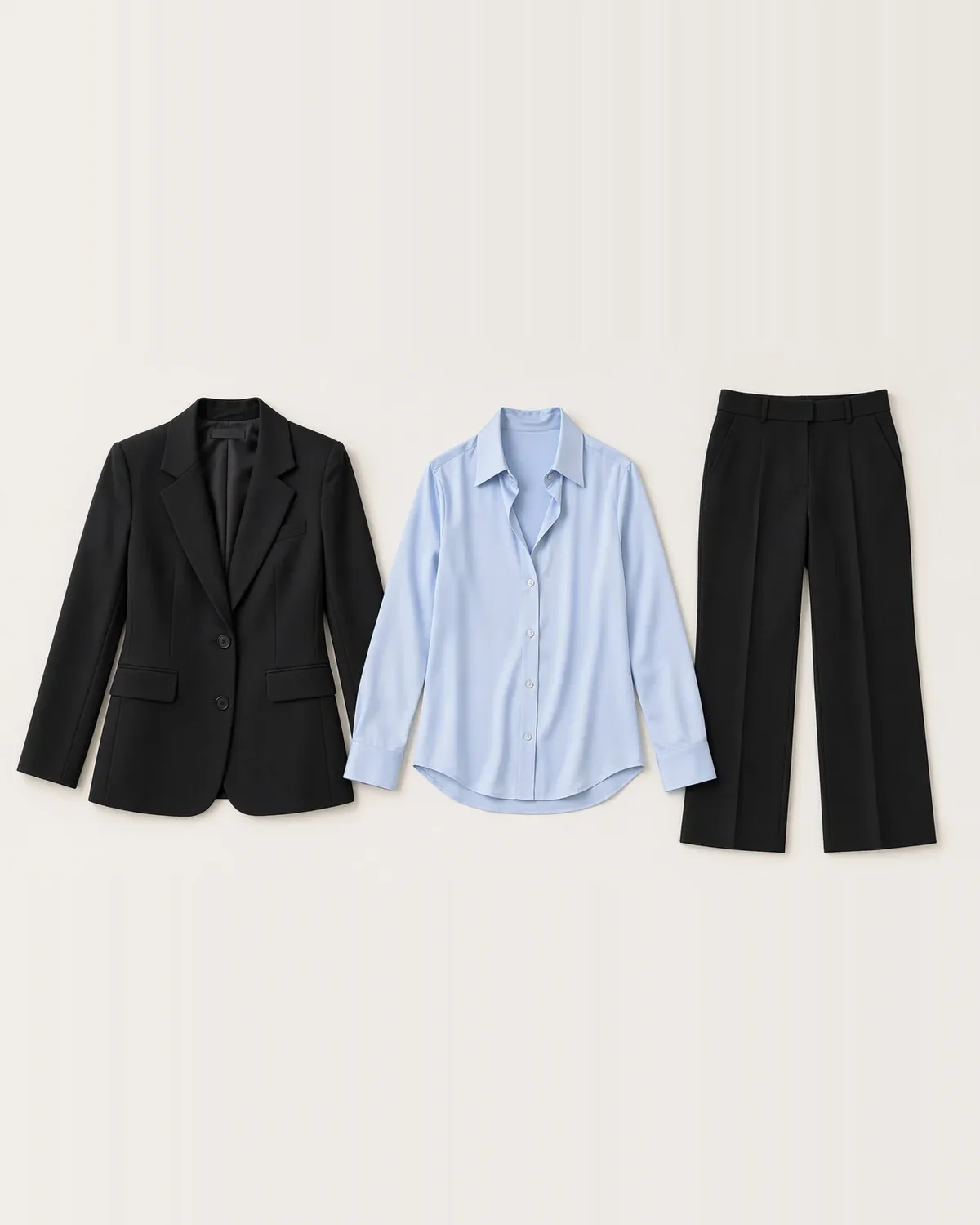 True Winter workwear outfit flat lay: navy suit, crisp white shirt, magenta accent and silver.